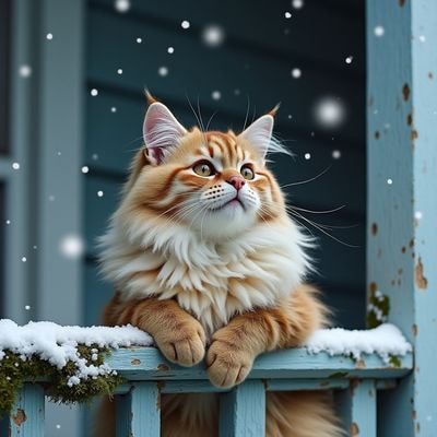 Пушистый кот ловит взглядом снежинки