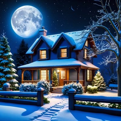 Дом с садом в лунную зимнюю ночь