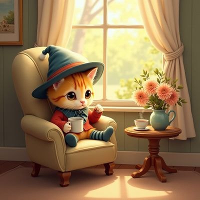 Кот в вязаной шапке пьёт чай