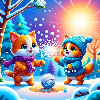 Кот и собака играют в снежки