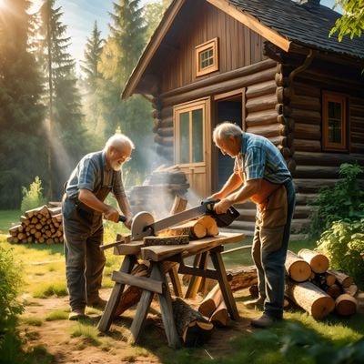 Дедушка пилит дрова у дома