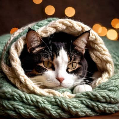 Кот спит под вязаным одеялом