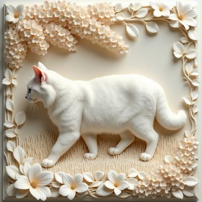 Барельеф сибирского кота среди глициний