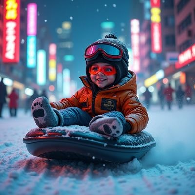 Мальчик на тюбинге в киберпанк-городе