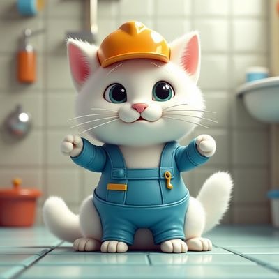 Кот-сантехник в белой строительной каске