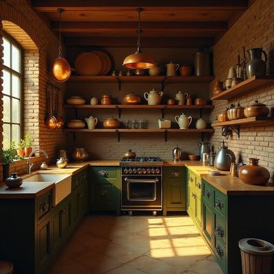 Деревенская кухня с медной посудой