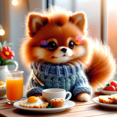 Рыжий шпиц завтракает за столом