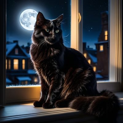 Чёрный кот на подоконнике в лунном свете