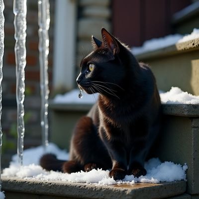 Чёрный кот ловит носом весеннюю каплю