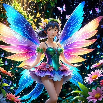 Фея с яркими крыльями среди цветов