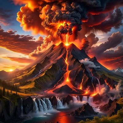 Извержение вулкана на фоне заката