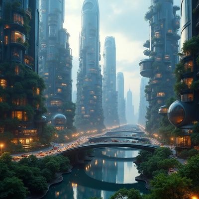 Футуристический город с летающими машинами