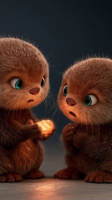 Две маленькие выдры играют с ракушкой