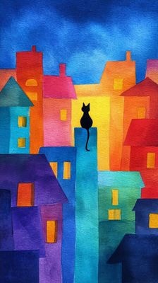 Ночной город с котами на крышах