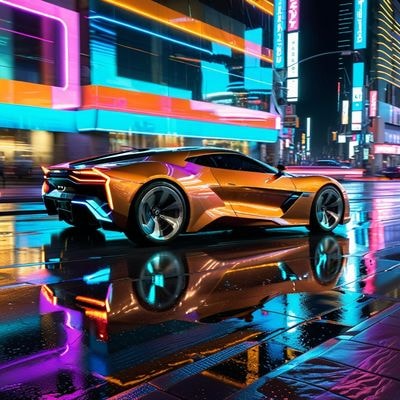 Автомобиль будущего на неоновой улице