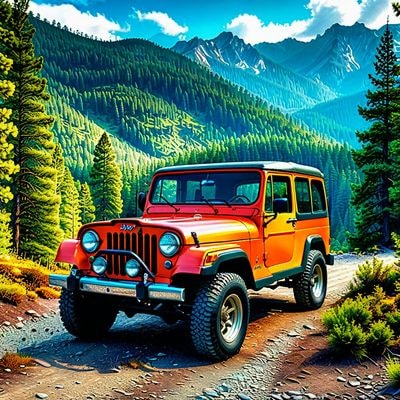 Винтажный Jeep в горном лесу