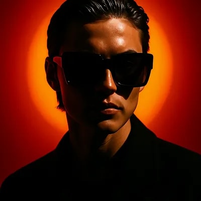 A person with slicked-back dark hair wearing overs...