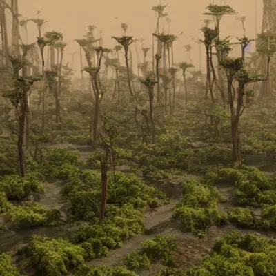 barren wasteland turns into lush afrofuturistic ci...