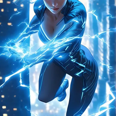 amazing lightingbolt woman, blue color, she run on...