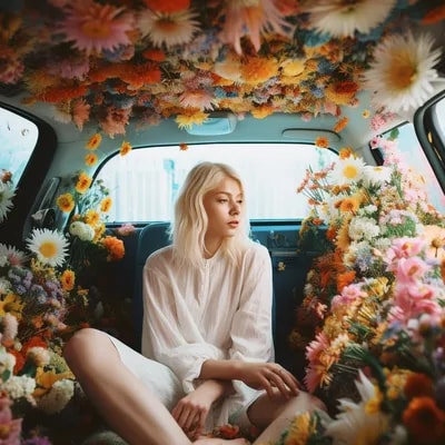 a girl with white hair sitting in car filled withf...