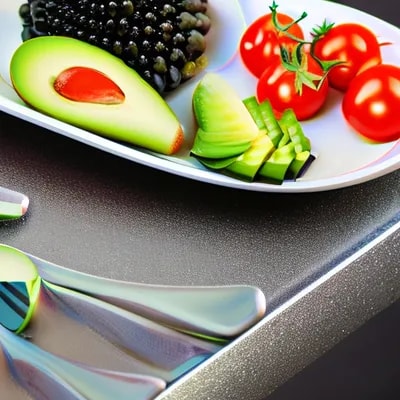 very healthy food plate with avocados, tomatoes, c...