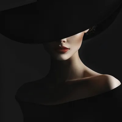 a woman in a black dress is wearing a big hat to t...