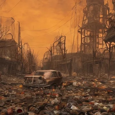 city street view with one tall antenna tower in th...