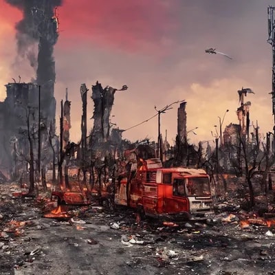 city street view with one tall antenna tower in th...