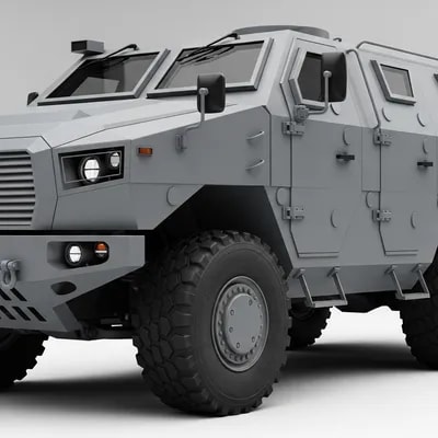 A hyper-realistic, matte gray armored personnel ca...