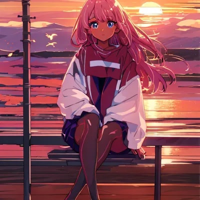 anime girl sitting on a bench with a sunset in the...