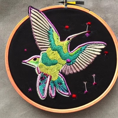 embroidered circle with hummingbird on black backg...