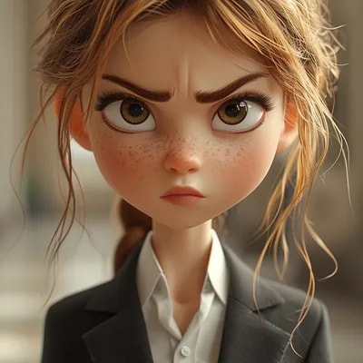 a young girl in a business suit with a very angry ...