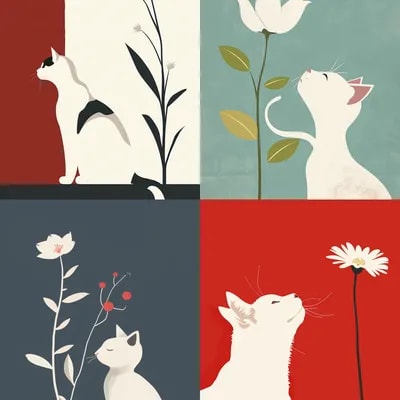 white Cat and flower in a Takeshi Kitano style, in...