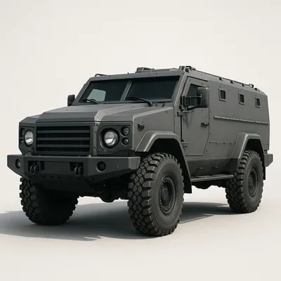 A hyper-realistic, matte gray armored personnel ca...