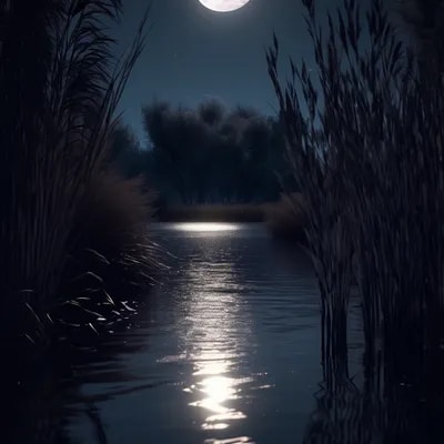 Moonlit riverside, night sky serenity, reflections...