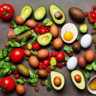 very healthy food plate with avocados, tomatoes, e...