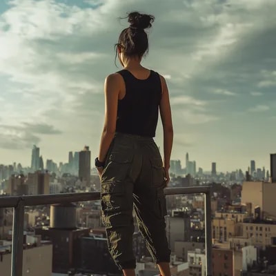 photograph of a woman expressing freedom, rear vie...