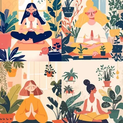 A flat illustration of a lady doing meditating, wi...