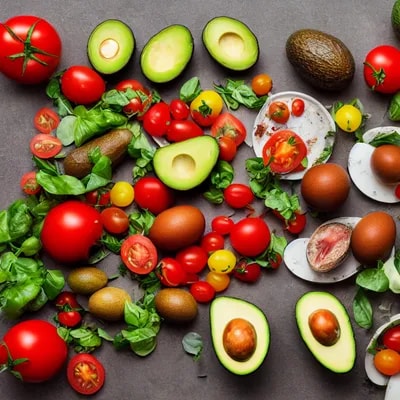 very healthy food plate with avocados, tomatoes, e...