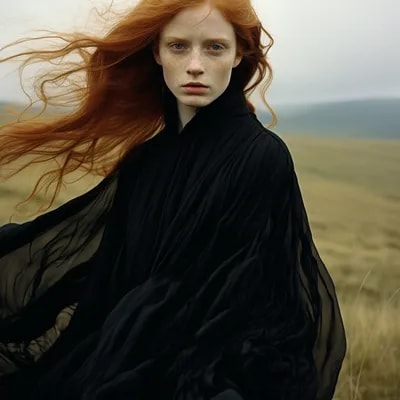 a woman in a black dress standing in a field, in s...