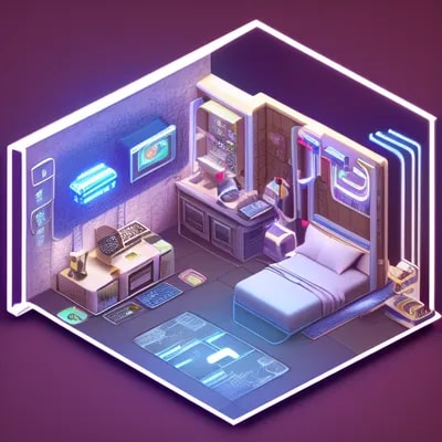 cute isometric cyberpunk bedroom, cutaway box, fut...