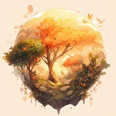 An icon design, 3D, nature icon, tree, golden ligh...