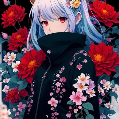 anime girl with horns and flowers in her hair, ani...