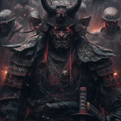 Samurai looks at the enemy, stands after the battl...