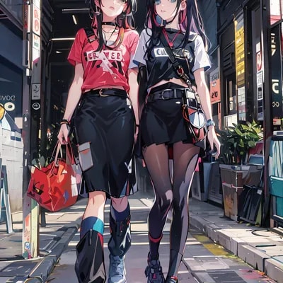 two women walking down a sidewalk with bags and ba...