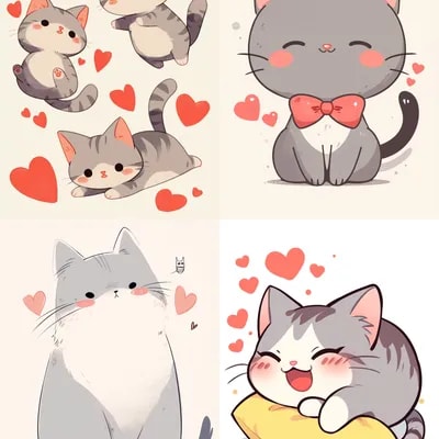 grey cat and heartfelt sticker, in the style of si...