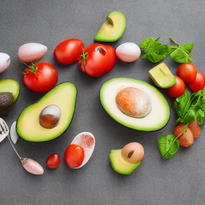 very healthy food plate with avocados, tomatoes, e...