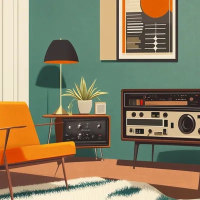 retro-inspired lounge with shaggy rugs, vintage st...