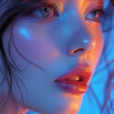 a close up of a woman with a blue eye shadow on he...