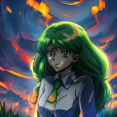 Anime girl with green hair and tie, standing in fr...